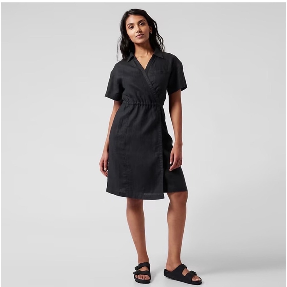 Athleta Playa‎ Wrap Dress Black 100% Linen Short Sleeve Midi Drawstring Womens 8